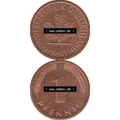 BRD Münzen 1 Pfennig Umlaufmünze in Farbigen PNG 1950-2001, 1 Pfennig 1990, 1990er Jahre J-01. Farbiges PNG-Bilder der 1 Pfennig Münze der BRD-Jahre. Vorderseite... Sammlung