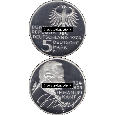 BRD Münzen 5 / Fünf Deutsche Mark, 5 DM Gedenkmünzen Silber 1974-1974, 5 DM-Deutsche Mark 1974 D-01 Immanuel Kant 1724-1804 Philosoph in PP. Farbiges PNG-Bilder der... Sammlung