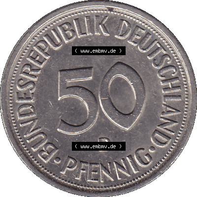 BRD Münzen 50 Pf. Umlaufmünze in PNG 1950-2001, 50 Pfennig 1976, 1970er Jahre D-01. 50 Pfennig Münze BRD der 1970-er Jahre. Rückseite mit Wert-Zahl... Sammlung