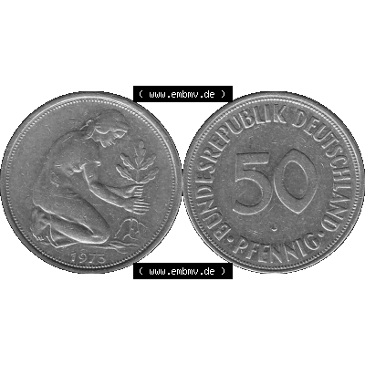 BRD Münzen 50 Pf. Umlaufmünze in graustufen PNG 1950-2001, 50 Pfennig 1973, 1970er Jahre Münzstätte Hamburg mit Münzzeichen "J" -01 Graustufen.... Sammlung