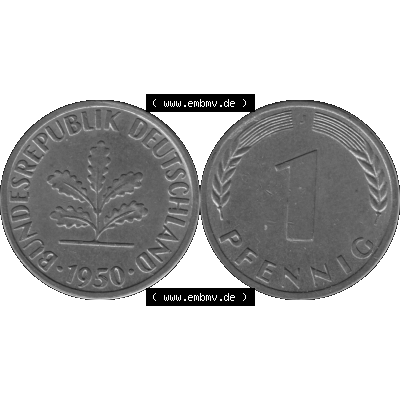 BRD Münzen 1 Pfennig Umlaufmünze in Graustufen PNG 1950-2001, 1 Pfennig 1950, 1950er Jahre J-01. Graustufen-Bilder der Vorderseite und Rückseite mit Wert-Zahl auf einen... Sammlung
