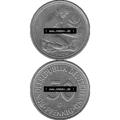 BRD Münzen 50 Pf. Umlaufmünze in graustufen PNG 1950-2001, 50 Pfennig 1979, 1970er Jahre Mzz. für München D-01 Graustufen. PNG Computer-Grafik in Graustufen-PNG... Sammlung