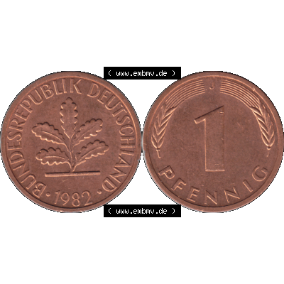 BRD Münzen 1 Pfennig Umlaufmünze in Farbigen PNG 1950-2001, 1 Pfennig 1982, 1980er Jahre J-01. 1 Pfennig Münze der BRD-Jahre. Vorderseite und Rückseite mit... Sammlung