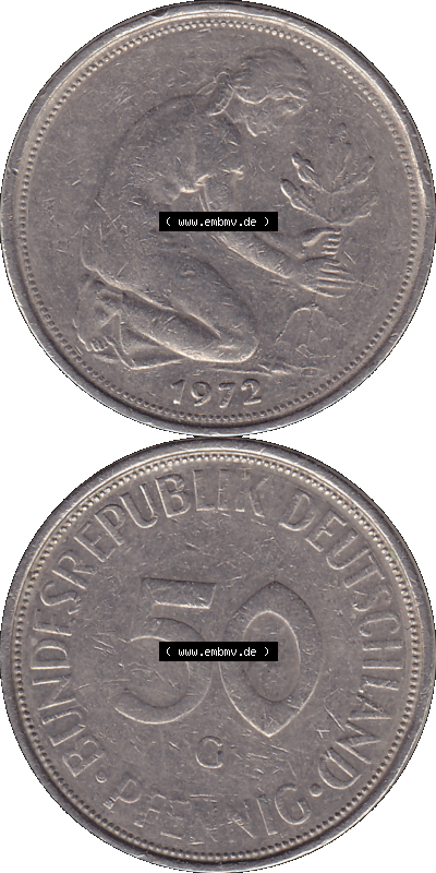 BRD Münzen 50 Pf. Umlaufmünze in PNG 1950-2001, 50 Pfennig 1972, 1970er Jahre Münzstätte Karlsruhe Mzz. G -01. PNG Computer-Grafik... Sammlung
