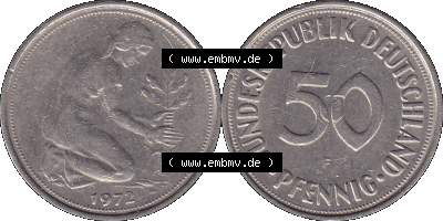 BRD Münzen 50 Pf. Umlaufmünze in PNG 1950-2001, 50 Pfennig 1972, 1970er Jahre Münzstätte Stuttgart Mzz. F -01. PNG Computer-Grafik... Sammlung