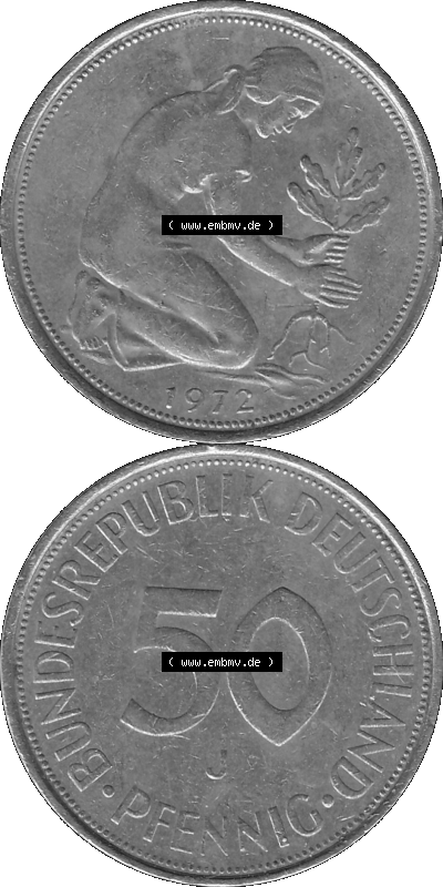 BRD Münzen 50 Pf. Umlaufmünze in graustufen PNG 1950-2001, 50 Pfennig 1972, 1970er Jahre Münzstätte Hamburg mit Münzzeichen... Sammlung
