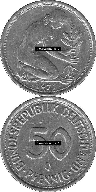 BRD Münzen 50 Pf. Umlaufmünze in graustufen PNG 1950-2001, 50 Pfennig 1977, 1970er Jahre D-01 Graustufen. PNG Computer-Grafik... Sammlung