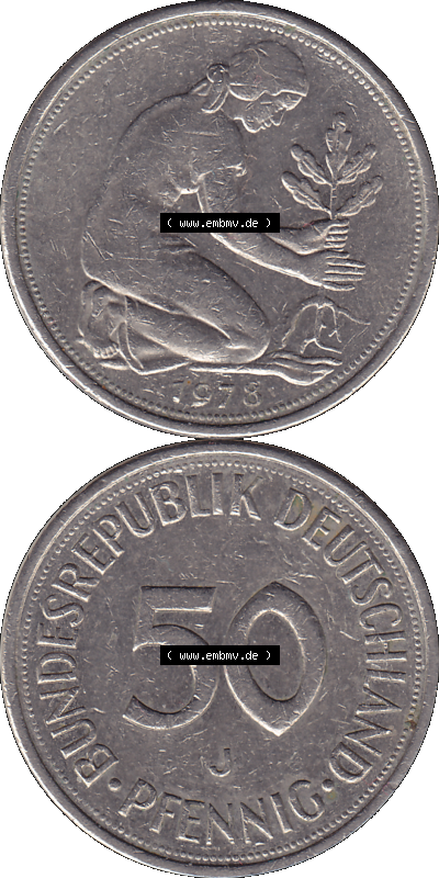 BRD Münzen 50 Pf. Umlaufmünze in PNG 1950-2001, 50 Pfennig 1978, 1970er Jahre Münzzeichen für Hamburg J-01. PNG Computer-Grafik... Sammlung