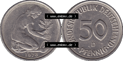 BRD Münzen 50 Pf. Umlaufmünze in PNG 1950-2001, 50 Pfennig 1978, 1970er Jahre Münzzeichen für München D-01. PNG Computer-Grafik... Sammlung