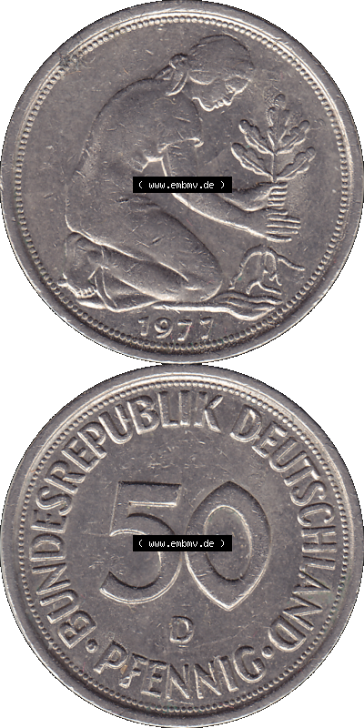 BRD Münzen 50 Pf. Umlaufmünze in PNG 1950-2001, 50 Pfennig 1977, 1970er Jahre D-01. PNG Computer-Grafik einer digitalisierten... Sammlung