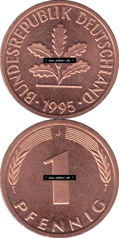 1 Pfennig Umlaufmünze in Farbigen PNG 1950-2001, 1 Pfennig 1995, 1990er Jahre J Sammlung
