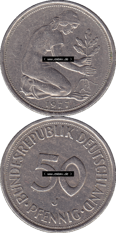 BRD Münzen 50 Pf. Umlaufmünze in PNG 1950-2001, 50 Pfennig 1977, 1970er Jahre J-01. PNG Computer-Grafik einer digitalisierten... Sammlung