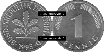 1 Pfennig Umlaufmünze in Graustufen PNG 1950-2001, 1 Pfennig 1995, 1990er Jahre J Sammlung