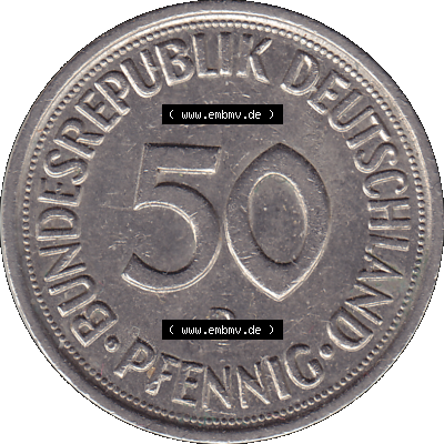 BRD Münzen 50 Pf. Umlaufmünze in PNG 1950-2001, 50 Pfennig 1977, 1970er Jahre D-01. 50 Pfennig Münze BRD der 1970-er Jahre.... Sammlung