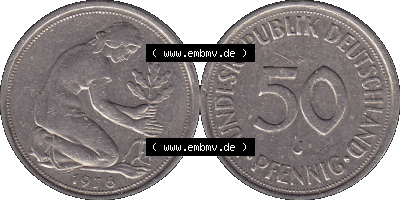 BRD Münzen 50 Pf. Umlaufmünze in PNG 1950-2001, 50 Pfennig 1976, 1970er Jahre J-01. PNG Computer-Grafik einer digitalisierten... Sammlung
