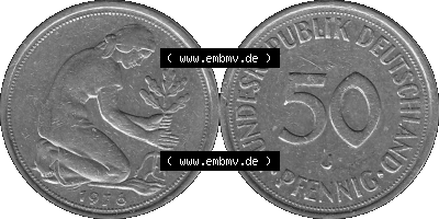 BRD Münzen 50 Pf. Umlaufmünze in graustufen PNG 1950-2001, 50 Pfennig 1976, 1970er Jahre J-01 Graustufen. PNG Computer-Grafik... Sammlung