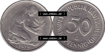 BRD Münzen 50 Pf. Umlaufmünze in PNG 1950-2001, 50 Pfennig 1978, 1970er Jahre Münzzeichen für Karlsruhe G-01. PNG Computer-Grafik... Sammlung