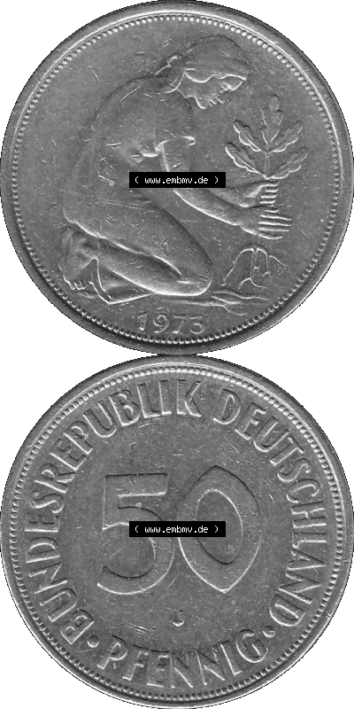 BRD Münzen 50 Pf. Umlaufmünze in graustufen PNG 1950-2001, 50 Pfennig 1973, 1970er Jahre Münzstätte Hamburg mit Münzzeichen... Sammlung