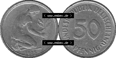 BRD Münzen 50 Pf. Umlaufmünze in graustufen PNG 1950-2001, 50 Pfennig 1973, 1970er Jahre Münzstätte Stuttgart mit Münzzeichen... Sammlung