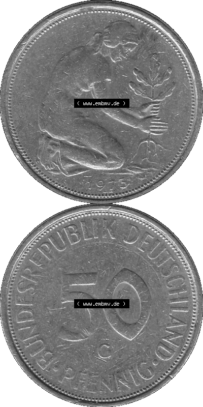 BRD Münzen 50 Pf. Umlaufmünze in graustufen PNG 1950-2001, 50 Pfennig 1973, 1970er Jahre Münzstätte Karlsruhe mit Münzzeichen... Sammlung