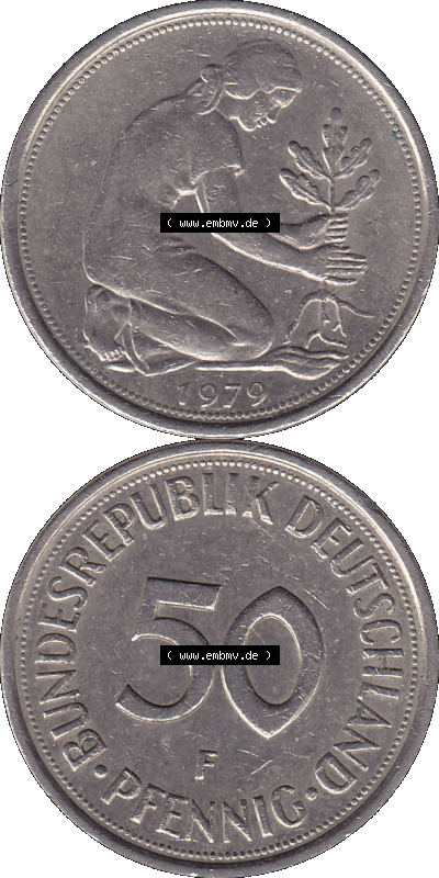 BRD Münzen 50 Pf. Umlaufmünze in PNG 1950-2001, 50 Pfennig 1979, 1970er Jahre Münzzeichen für Stuttgart F-01. PNG Computer-Grafik... Sammlung