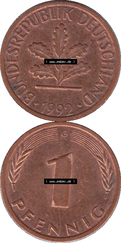 1 Pfennig Umlaufmünze in Farbigen PNG 1950-2001, 1 Pfennig 1992, 1990er Jahre Karlsruhe G Sammlung