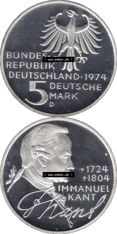5 DM Gedenkmünzen Silber 1974-1974, 5 DM-Deutsche Mark 1974 D-01 Immanuel Kant 1724-1804 Philosoph in PP Sammlung