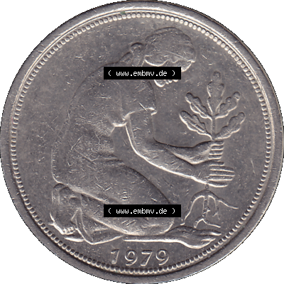 BRD Münzen 50 Pf. Umlaufmünze in PNG 1950-2001, 50 Pfennig 1979, 1970er Jahre Münzzeichen für Karlsruhe G-01. PNG Computer-Grafik... Sammlung