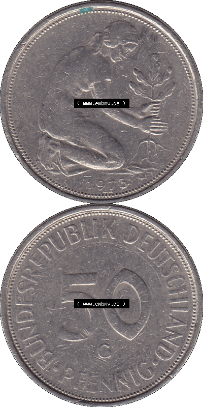 BRD Münzen 50 Pf. Umlaufmünze in PNG 1950-2001, 50 Pfennig 1973, 1970er Jahre Münzstätte Karlsruhe Mzz. G -01. PNG Computer-Grafik... Sammlung