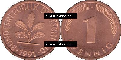 1 Pfennig Umlaufmünze in Farbigen PNG 1950-2001, 1 Pfennig 1991, 1990er Jahre J Sammlung