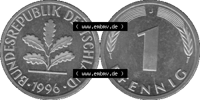 1 Pfennig Umlaufmünze in Graustufen PNG 1950-2001, 1 Pfennig 1996, 1990er Jahre J Sammlung