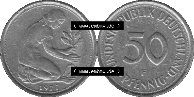 BRD Münzen 50 Pf. Umlaufmünze in graustufen PNG 1950-2001, 50 Pfennig 1977, 1970er Jahre F-01 Graustufen. PNG Computer-Grafik... Sammlung