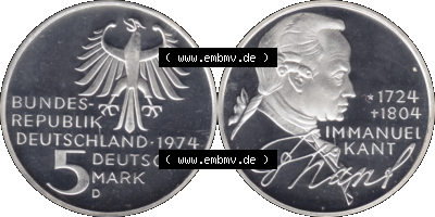 5 DM Gedenkmünzen Silber 1974-1974, 5 DM-Deutsche Mark 1974 D-01 Immanuel Kant 1724-1804 Philosoph in PP Sammlung