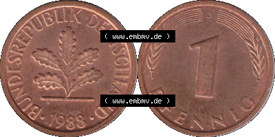 1 Pfennig Umlaufmünze in Farbigen PNG 1950-2001, 1 Pfennig 1988, 1980er Jahre J Sammlung