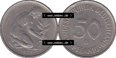BRD Münzen 50 Pf. Umlaufmünze in PNG 1950-2001, 50 Pfennig 1973, 1970er Jahre Münzstätte München Mzz. D -01. PNG Computer-Grafik... Sammlung