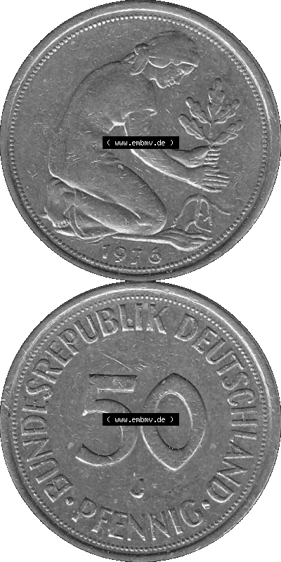 BRD Münzen 50 Pf. Umlaufmünze in graustufen PNG 1950-2001, 50 Pfennig 1976, 1970er Jahre J-01 Graustufen. PNG Computer-Grafik... Sammlung