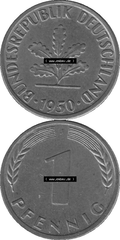1 Pfennig Umlaufmünze in Graustufen PNG 1950-2001, 1 Pfennig 1950, 1950er Jahre J Sammlung