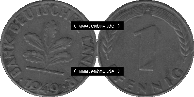 1 Pfennig Umlaufmünze in Graustufen PNG 1948-1949, 1 Pfennig 1949, 1950er Jahre J Sammlung