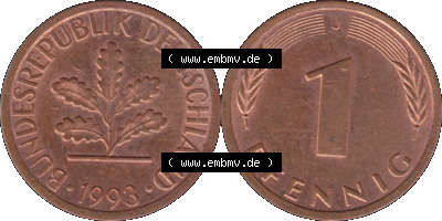 1 Pfennig Umlaufmünze in Farbigen PNG 1950-2001, 1 Pfennig 1993, 1990er Jahre J Sammlung