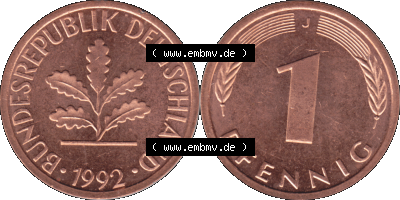 1 Pfennig Umlaufmünze in Farbigen PNG 1950-2001, 1 Pfennig 1992, 1990er Jahre J Sammlung