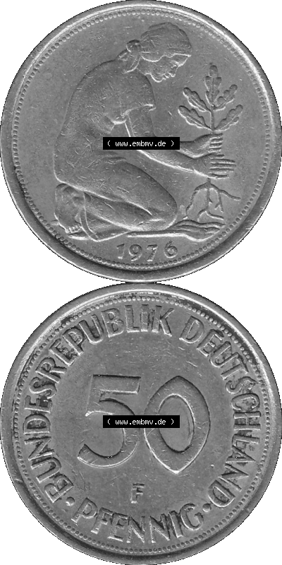 BRD Münzen 50 Pf. Umlaufmünze in graustufen PNG 1950-2001, 50 Pfennig 1976, 1970er Jahre F-01 Graustufen. PNG Computer-Grafik... Sammlung