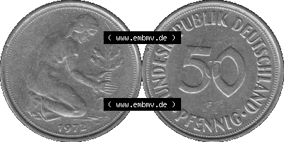 BRD Münzen 50 Pf. Umlaufmünze in graustufen PNG 1950-2001, 50 Pfennig 1972, 1970er Jahre Münzstätte Stuttgart mit Münzzeichen... Sammlung