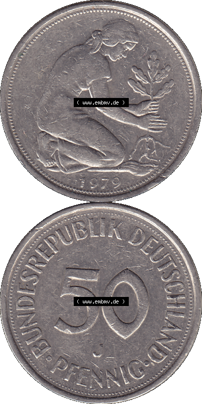 BRD Münzen 50 Pf. Umlaufmünze in PNG 1950-2001, 50 Pfennig 1979, 1970er Jahre Münzzeichen für Hamburg J-01. PNG Computer-Grafik... Sammlung