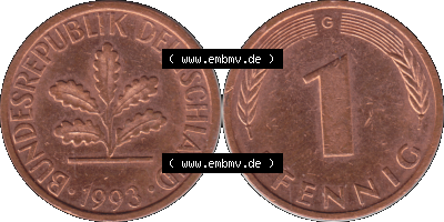 1 Pfennig Umlaufmünze in Farbigen PNG 1950-2001, 1 Pfennig 1993, 1990er Jahre Karlsruhe G Sammlung