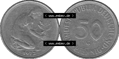 BRD Münzen 50 Pf. Umlaufmünze in graustufen PNG 1950-2001, 50 Pfennig 1972, 1970er Jahre Münzstätte Karlsruhe mit Münzzeichen... Sammlung