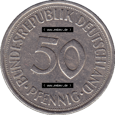 BRD Münzen 50 Pf. Umlaufmünze in PNG 1950-2001, 50 Pfennig 1977, 1970er Jahre J-01. 50 Pfennig Münze BRD der 1970-er Jahre.... Sammlung