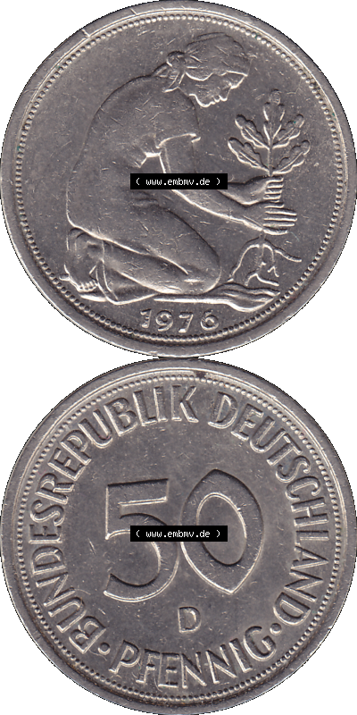 BRD Münzen 50 Pf. Umlaufmünze in PNG 1950-2001, 50 Pfennig 1976, 1970er Jahre D-01. PNG Computer-Grafik einer digitalisierten... Sammlung