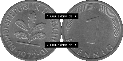 1 Pfennig Umlaufmünze in Graustufen PNG 1950-2001, 1 Pfennig 1972, 1970er Jahre J Sammlung