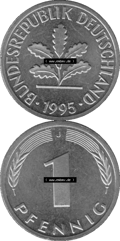 1 Pfennig Umlaufmünze in Graustufen PNG 1950-2001, 1 Pfennig 1995, 1990er Jahre J Sammlung