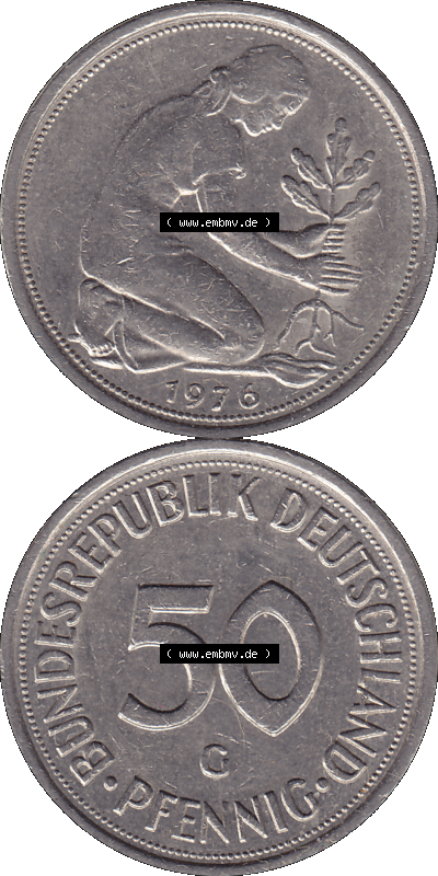 BRD Münzen 50 Pf. Umlaufmünze in PNG 1950-2001, 50 Pfennig 1976, 1970er Jahre G-01. PNG Computer-Grafik einer digitalisierten... Sammlung